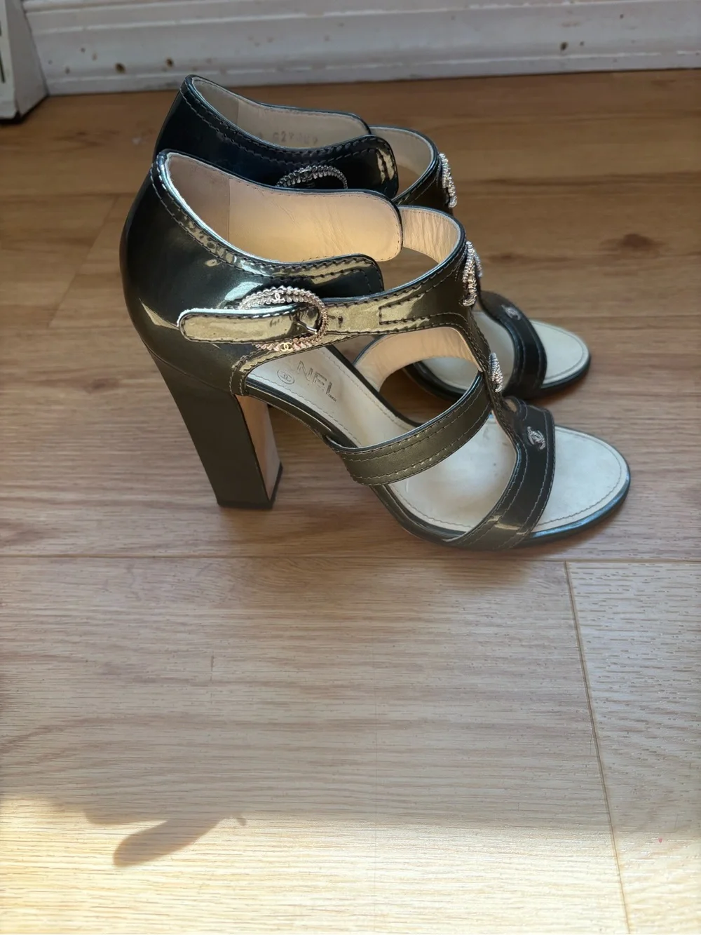 Chanel Metallic Gray Patent Leather Strappy Sandals